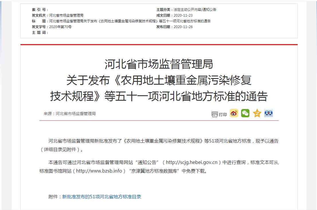 2020年70号 河北省市场监督管理局关于发布《农用地土壤重金属污染修复技术规程》等五十一项河北省地方标准的通告.jpg